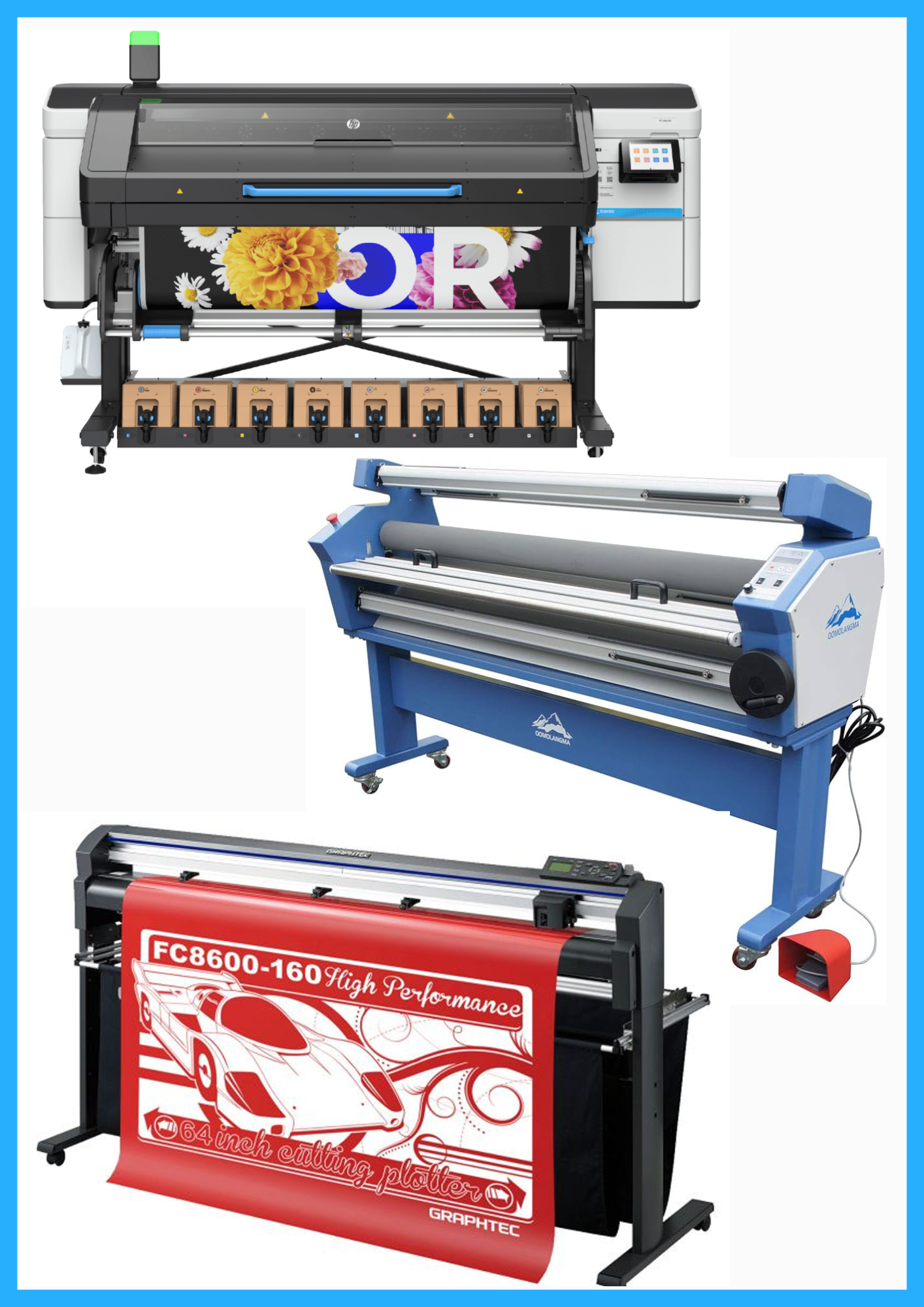 COMPLETE SOLUTION - HP Latex 830 64" Wide Format Printer - New + 64" Graphtec FC8600-160 Vinyl Cutting Plotter - Refurbished (1 Year Warranty) + 63" Full-auto Low Temp. Wide Format Cold Laminator - New
