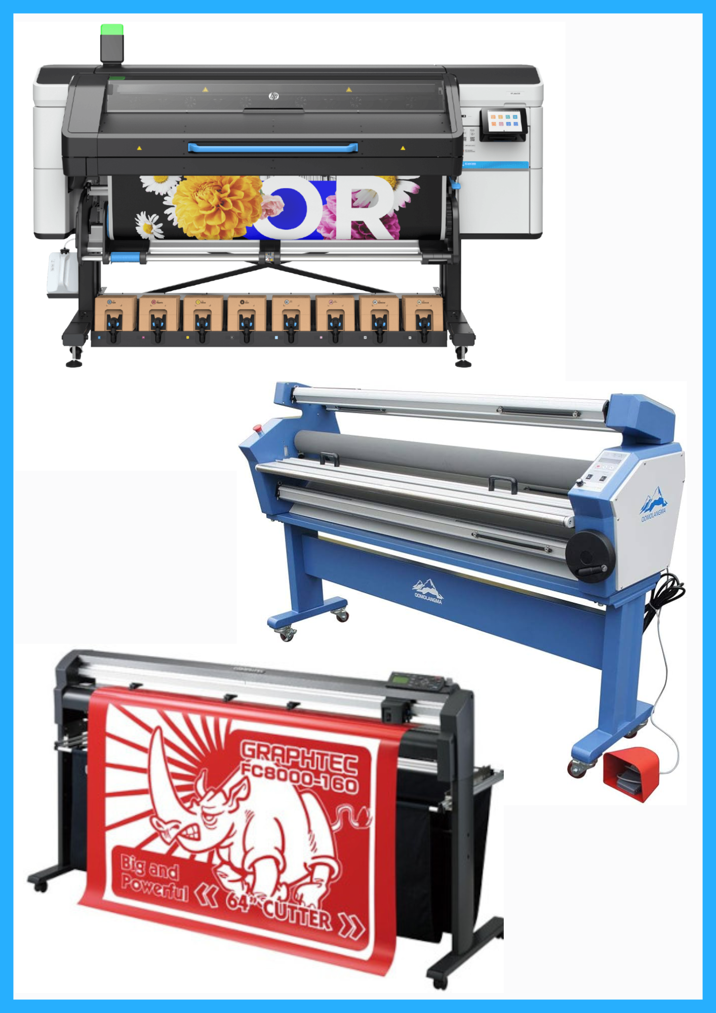 COMPLETE SOLUTION - HP Latex 830 64" Wide Format Printer - New + 64" Graphtec FC8000-160 Vinyl Cutting Plotter - Refurbished (1 Year Warranty) + 63" Full-auto Low Temp. Wide Format Cold Laminator, with Heat Assisted - New
