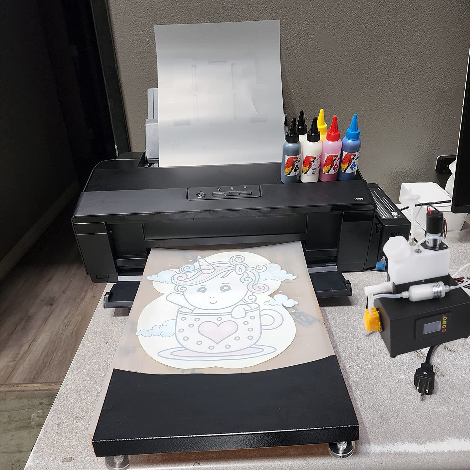 AOK Printer A3+ White Ink Circulation System Width 13inch DTF Printer Machine Direct Transfer Film L1800 Converted for DIY Print T-Shirts/Hoodie/BGS/Pillow etc. (6X 100ml Ink+100pcs Film+Powder)