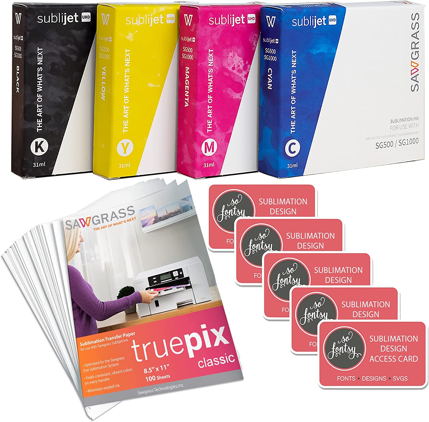 Sawgrass SubliJet UHD Inks SG500 & SG1000 4 Pack with 100 Sheets of Sublimation Paper & Designs Cyan Yellow Magenta Black