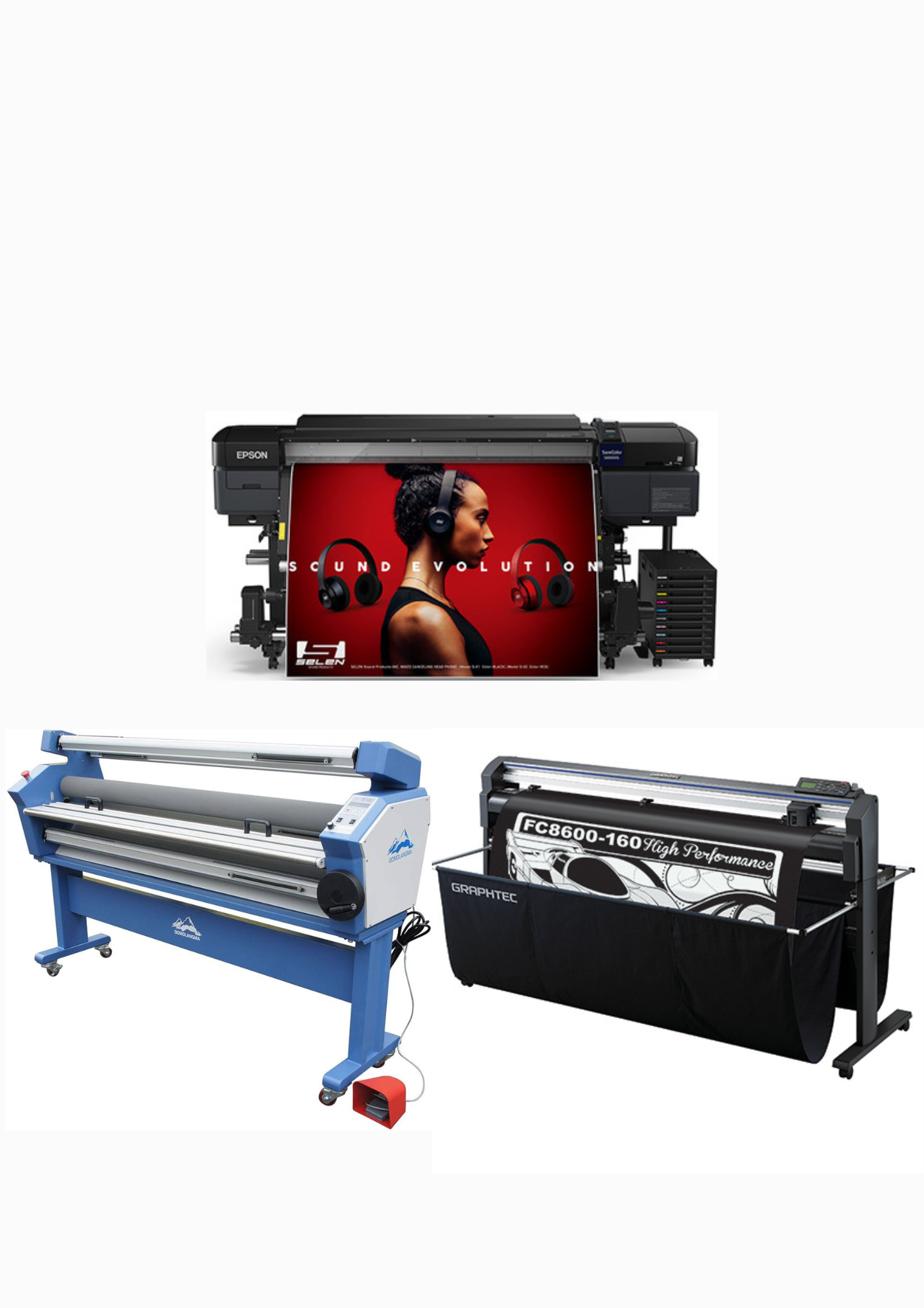 COMPLETE SOLUTION - Epson SureColor S80600L 64" Solvent Printer - Refurbished (90 Days Warranty) + 64" Graphtec FC8600-160 Vinyl Cutting Plotter - Refurbished (90 Days Warranty) + 63" Full-auto Wide Format Cold Laminator, with Heat Assisted - New