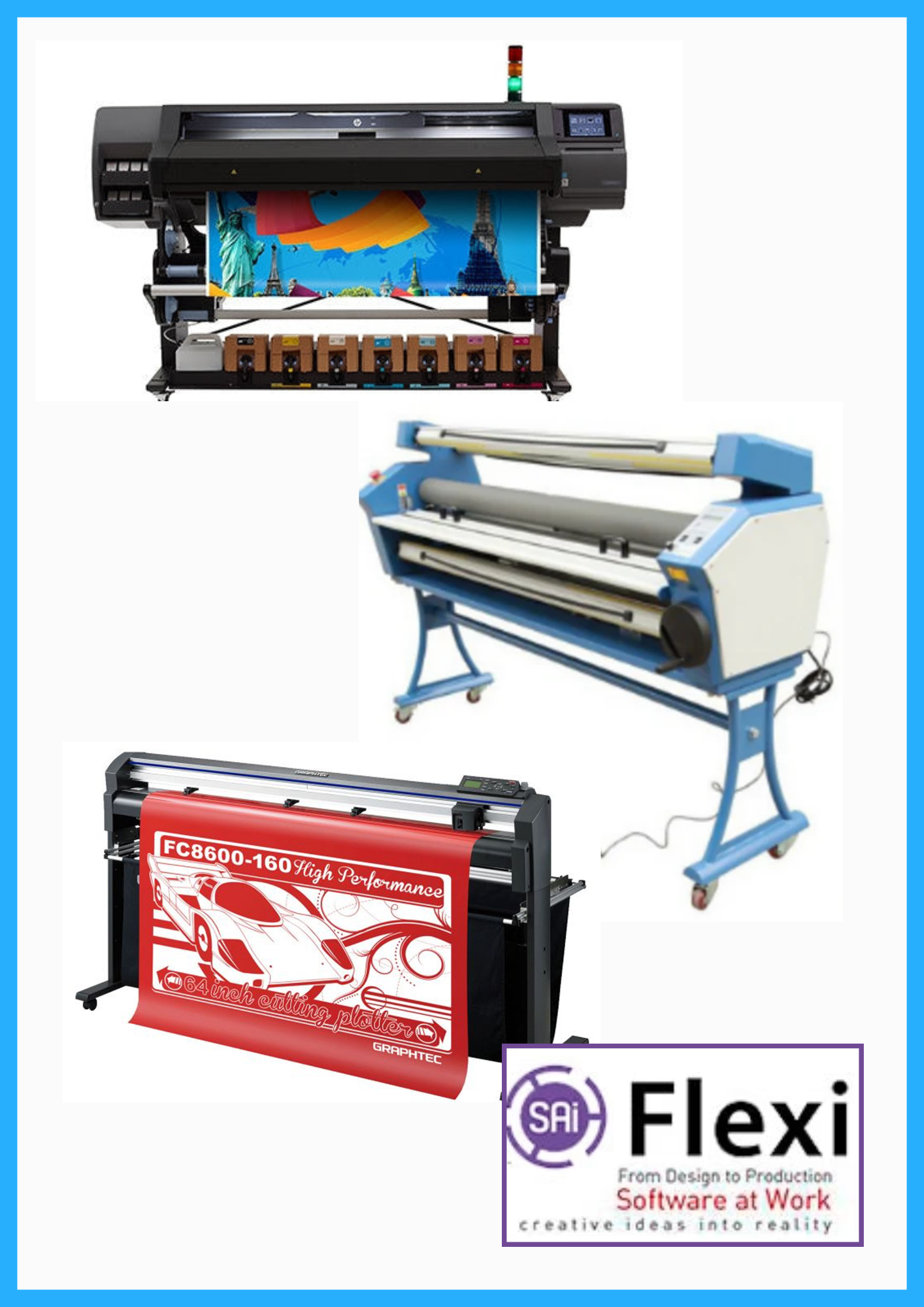 COMPLETE SOLUTION - HP Latex 570 64" Printer - Refurbished (90 Days, 1, 2, 3 or 4 Y/War) + 64" Graphtec FC8600-160 Cutting Plotter - Refurbished (90 Days, 1, 2, 3 or 4 Y/War) + 63" Full-auto Low Temp. Wide Format Cold Laminator + Flexi RIP Software