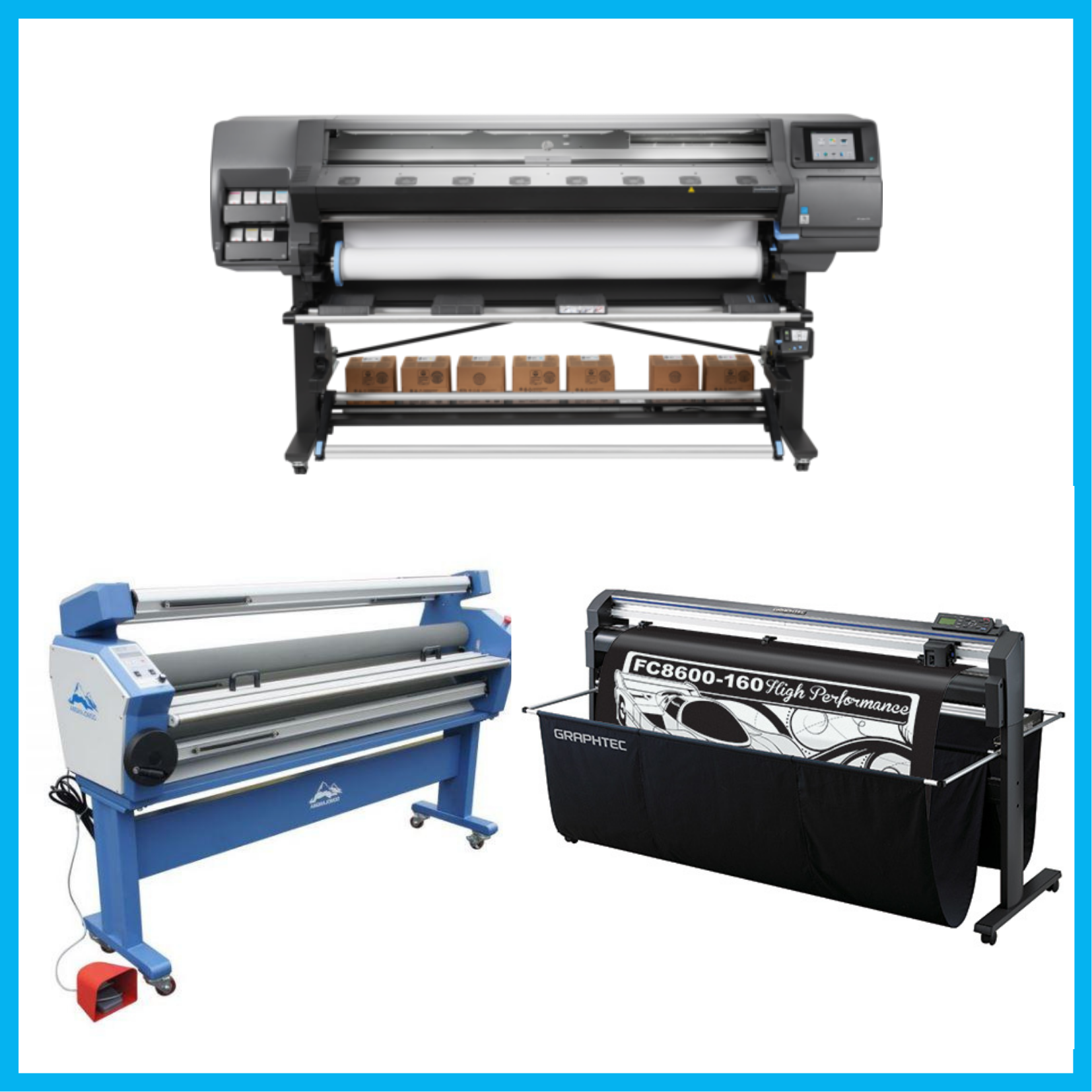 COMPLETE SOLUTION - HP Latex 370 Printer - Refurbished (90 Days, 1, 2, 3 or 4 Y/War.) + 64" Graphtec FC8600-160 Vinyl Cutting Plotter - Refurbished (90 Days, 1, 2, 3 or 4 Y/War) + 55" Full-Auto Wide Format Cold Laminator with Heat Assisted