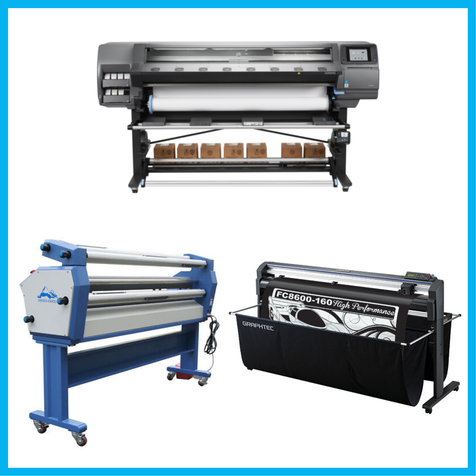 COMPLETE SOLUTION - HP Latex 370 Printer - Refurbished (90 Days, 1, 2, 3 or 4 Y/Warranty) + 64" Graphtec FC8600-160 Vinyl Cutting Plotter - Refurbished (90 Days, 1, 2, 3 or 4 Y/Warranty) + 63" Cold Laminator, with Heat Assisted