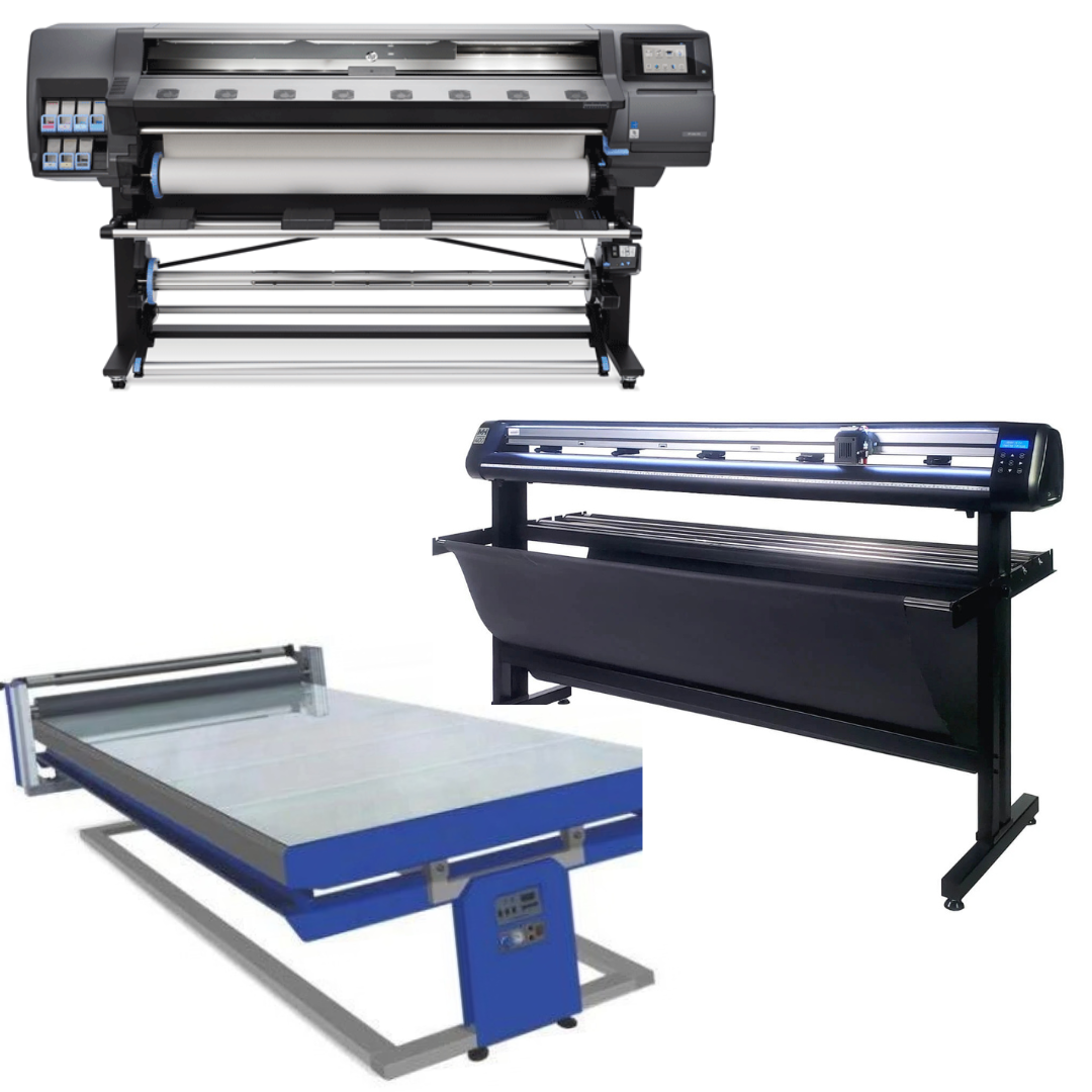 COMPLETE SOLUTION - HP Latex 365 64" Printer - Refurbished (1 Y-Warranty) + 65" Vinyl Cutter w/ARMS Contour Cutting, Barcode Workflow, and Vacuum Hold-Down - MH400 + 67in x 126in Flatbed Hot and Cold Laminator for Rigid & Flex Media - New