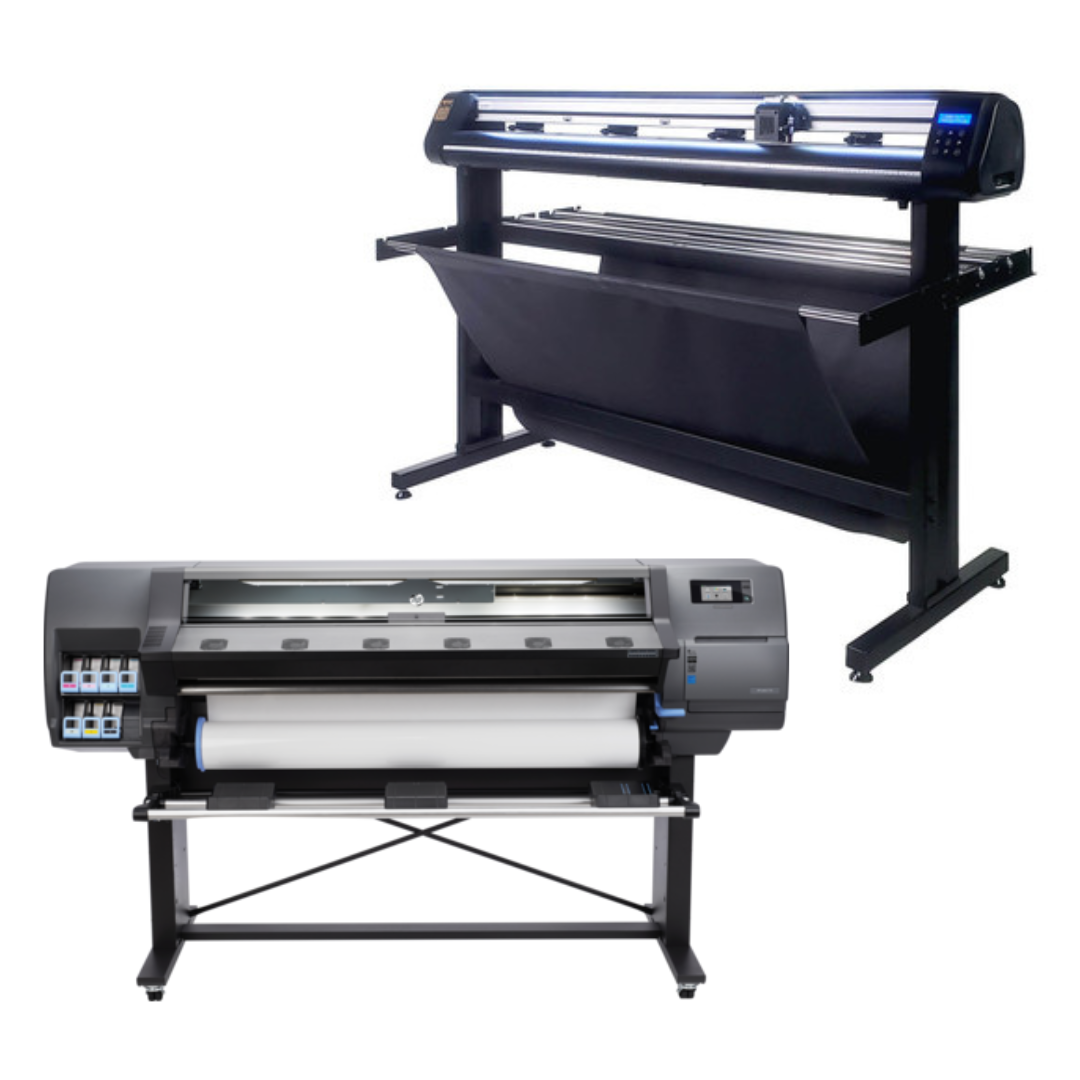 BUNDLE - HP Latex 110 54" Printer - Refurbished (90 Days Warranty) + 53" Professional Vinyl Cutter Machine with ARMS Contour Cutting, Barcode Workflow, and Vacuum Hold-Down (MH400) - New