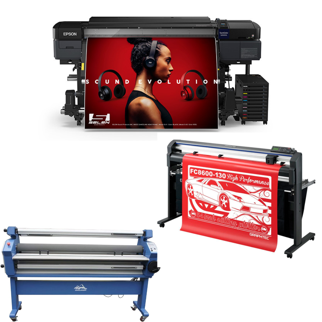 COMPLETE SOLUTION - Epson SureColor S80600L 64" Solvent Printer - Refurbished (1 Year Warranty) + 64" Graphtec FC8600-130 Vinyl Cutting Plotter - Refurbished (1 Year Warranty) + 55" Full-Auto Wide Format Cold Laminator with Heat Assisted - New
