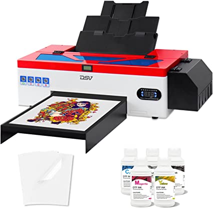 DSV DTF Printer A3 L1800 Transfer Printer Machine Built-in White Ink Circulation System for Dark/Light T-Shirts, Hoodie,Pillow,Different Fabrics (DTF Printer + 5 x 250ml Ink+100pcs PET Film)