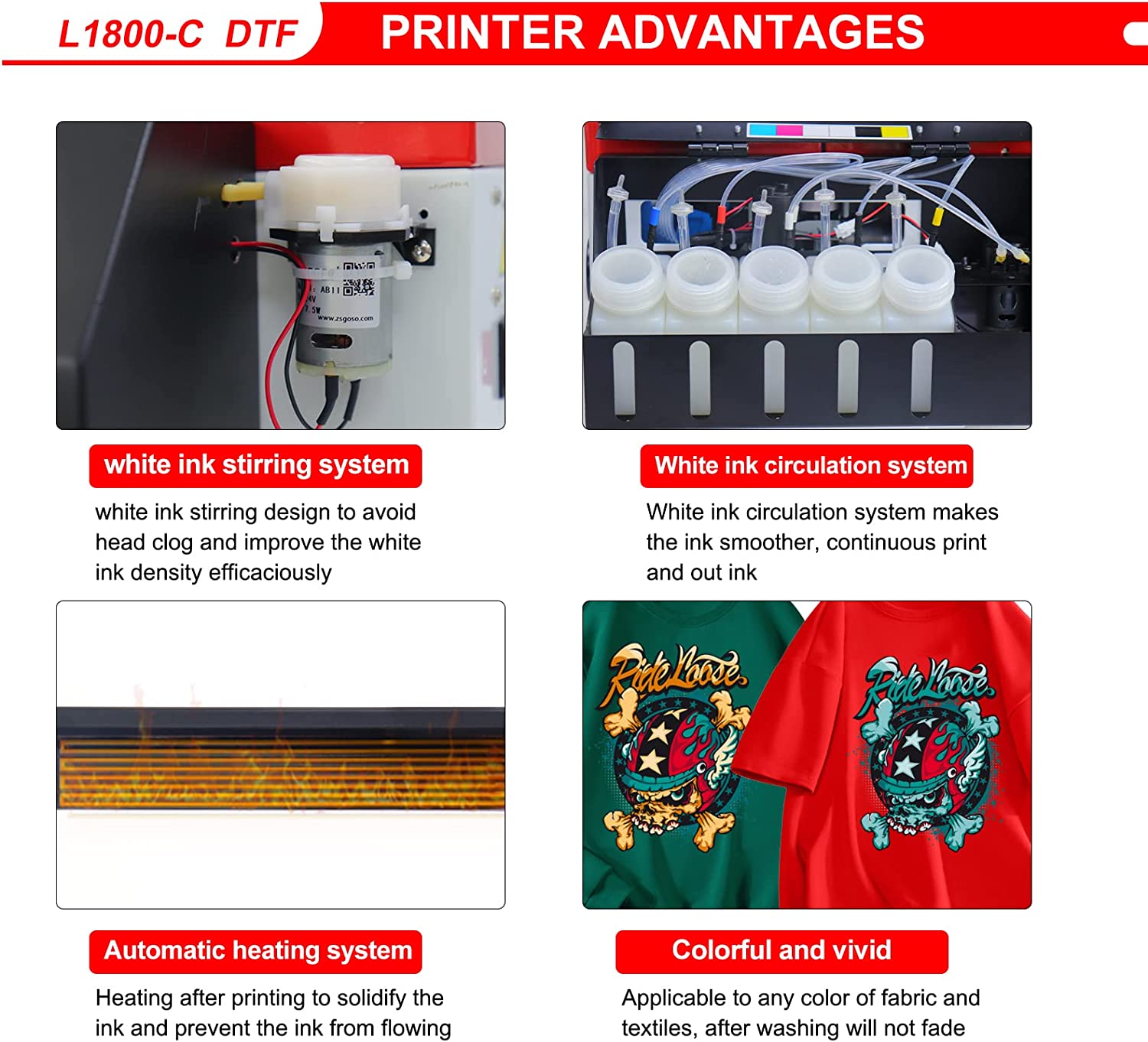 DSV DTF Printer A3 L1800 Transfer Printer Machine Built-in White Ink Circulation System for Dark/Light T-Shirts, Hoodie,Pillow,Different Fabrics (DTF Printer + 5 x 250ml Ink+100pcs PET Film)