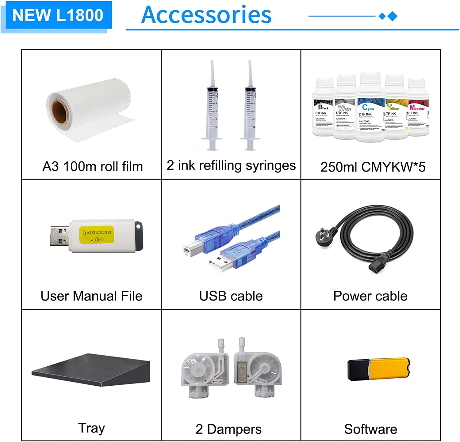DSV L1800 DTF Transfer Printer with Roll Feeder Built-in White Ink Circulation System A3 DTF Printer for DIY Print Dark and Light Fabrics (DTF Printer +Oven+ 5 x 250ml Ink+100m PET Film)