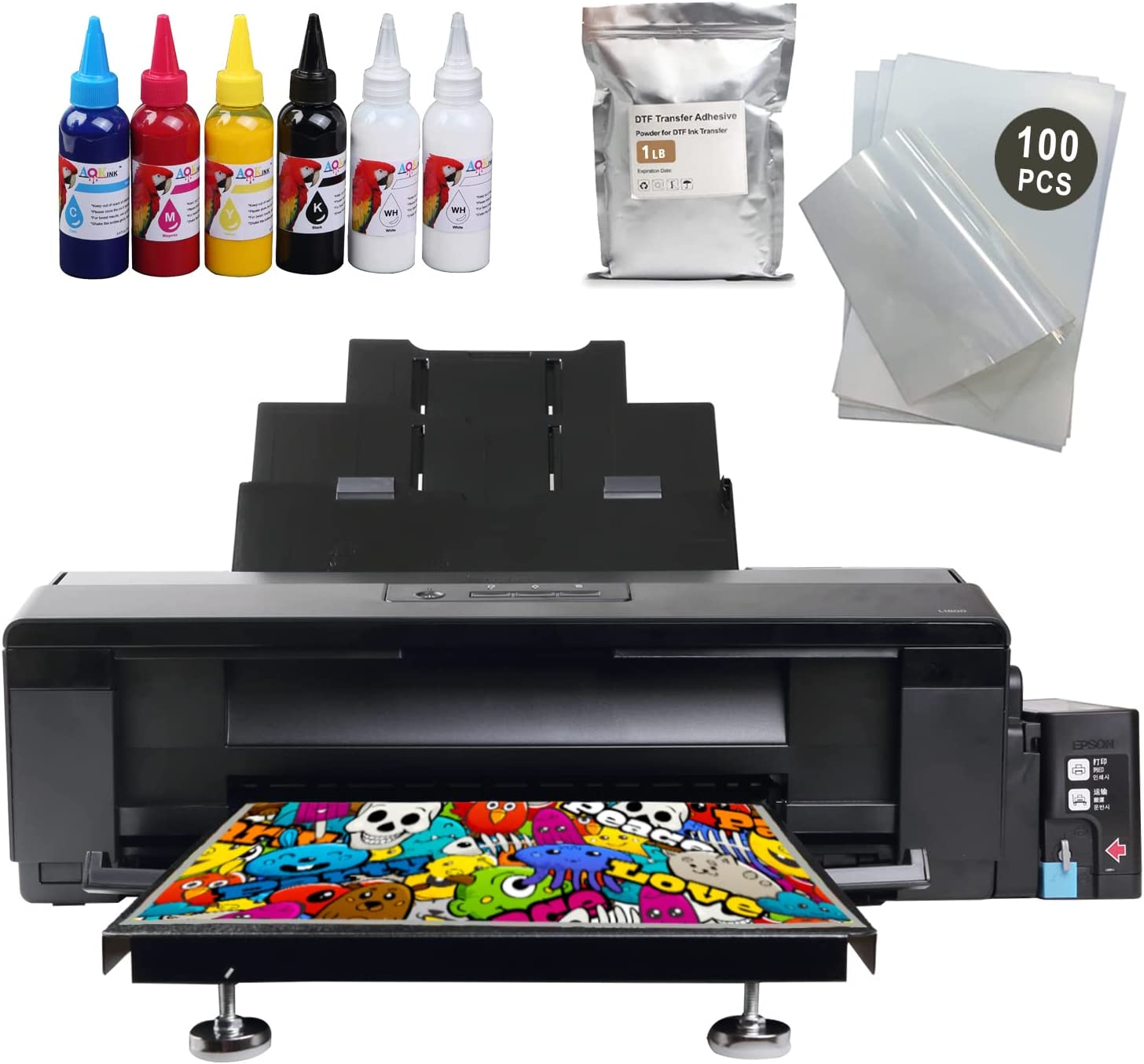 A3+ DTF T-Shirts L1800 Printer Machine for Fabrics, Leather, Toys, Swimwear, Handicrafts, T Shirt, Pillow, DIY Print (DTF Printer + 6X 100ml Ink+100pcs PET Film) - Black