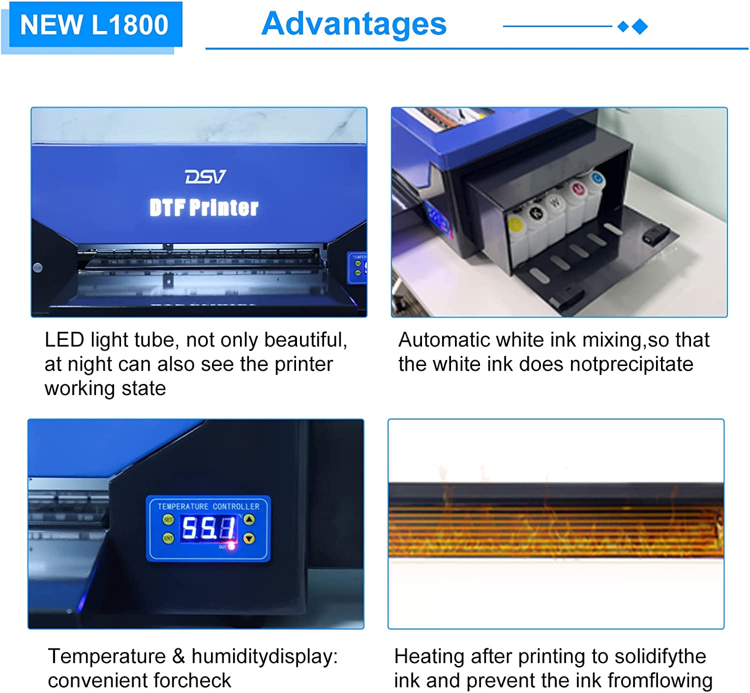 DSV L1800 DTF Transfer Printer with Roll Feeder Built-in White Ink Circulation System A3 DTF Printer for DIY Print Dark and Light Fabrics (DTF Printer +Oven+ 5 x 250ml Ink+100m PET Film)