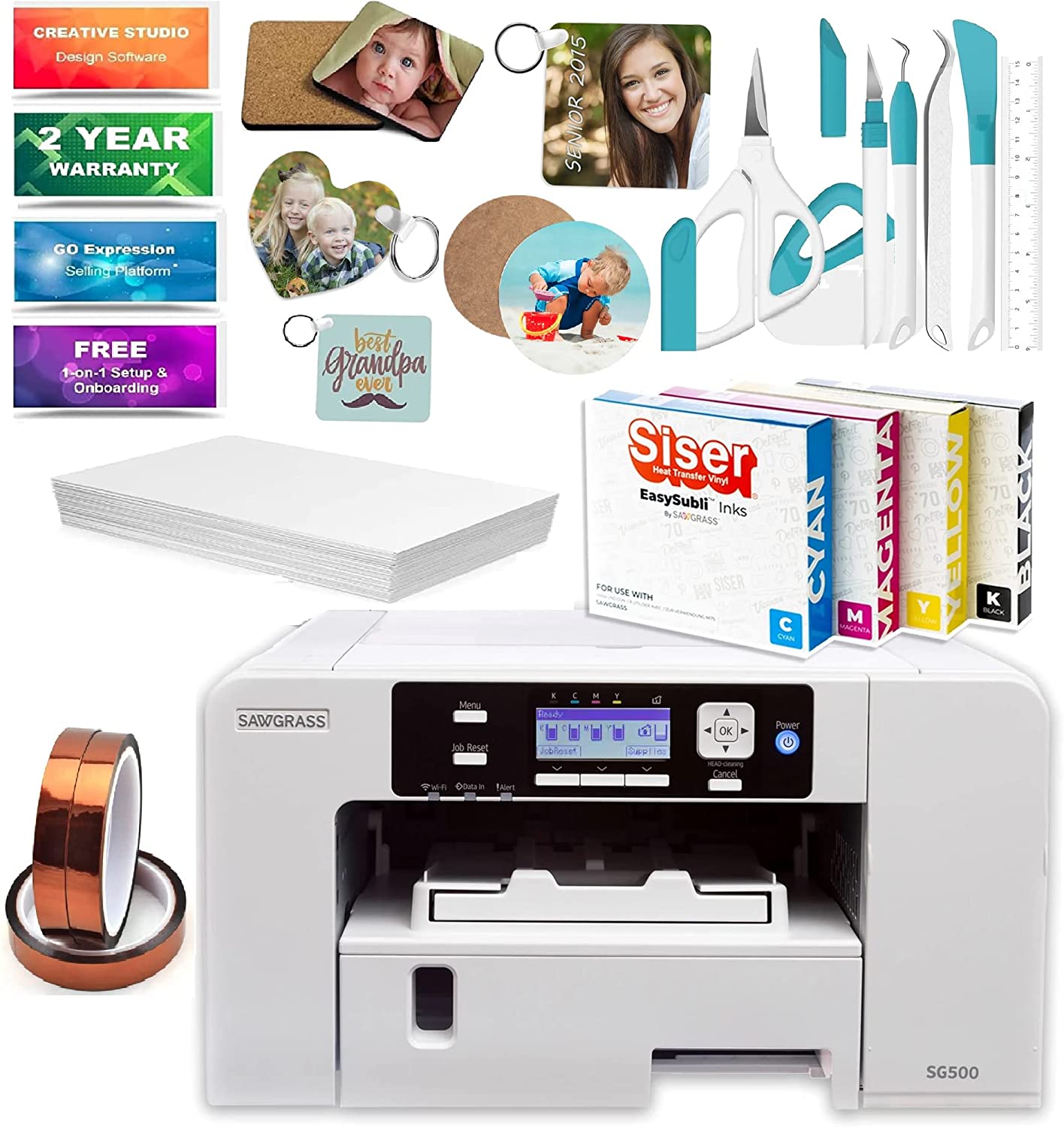 Sawgrass Virtuoso SG500 Sublimation Printer - Bundle with EASYSUBLI Inks, 330 Sheets Sublimax Paper, 3 Tapes, Dust Cover, 7-Piece Craft Tool Set & 10-Piece Sublimation Blanks (SG500 for Siser Users)