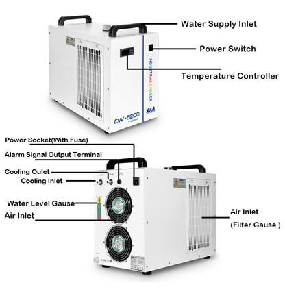 S&amp;A 5200DH Industrial Water Chiller for 130W CO2 Engraver or CNC Spindle Water Cooling, AC 1P 110V 60Hz