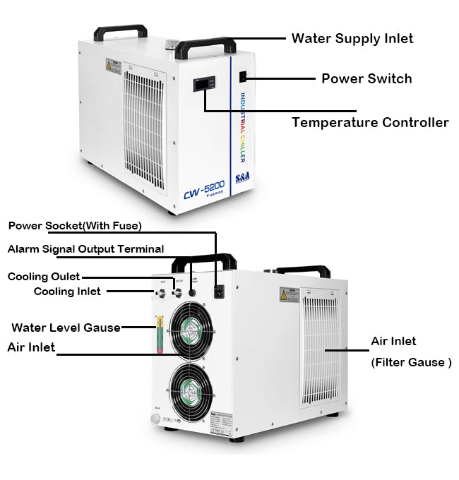 S&A 5200DH Industrial Water Chiller for 130W CO2 Engraver or CNC Spindle Water Cooling, AC 1P 110V 60Hz