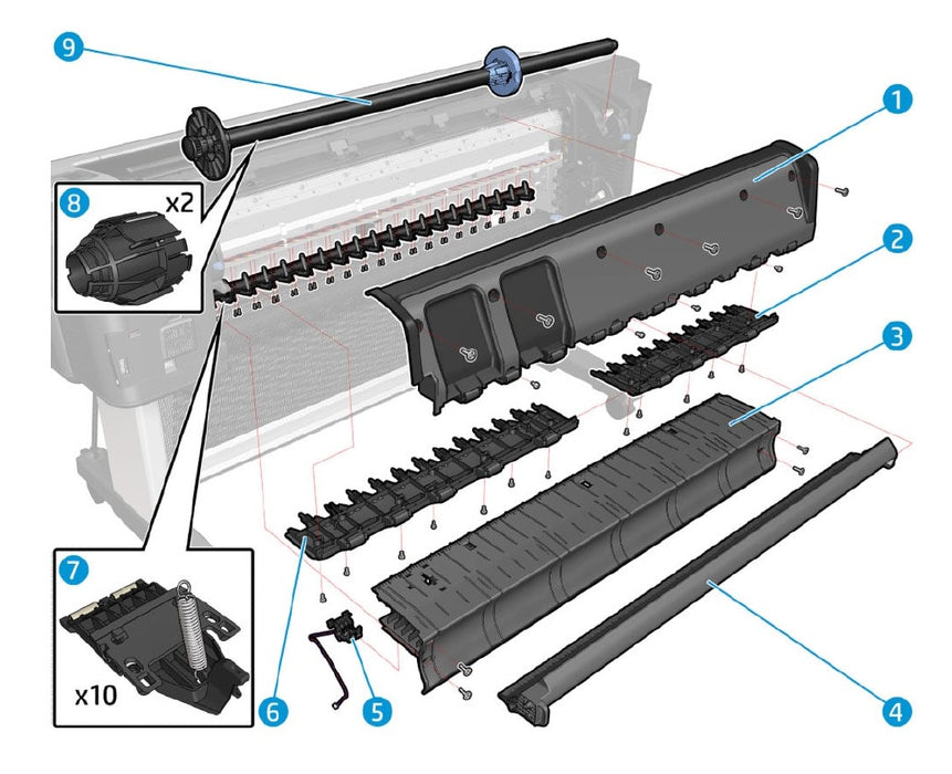 Left Side Roll Guide Assembly - For the HP DesignJet T1200, T770, T1120, T2300, T790, Z5200, T7100, Z3100, Z2100, Z6, Z9 44-inch Series (Q6677-60019)