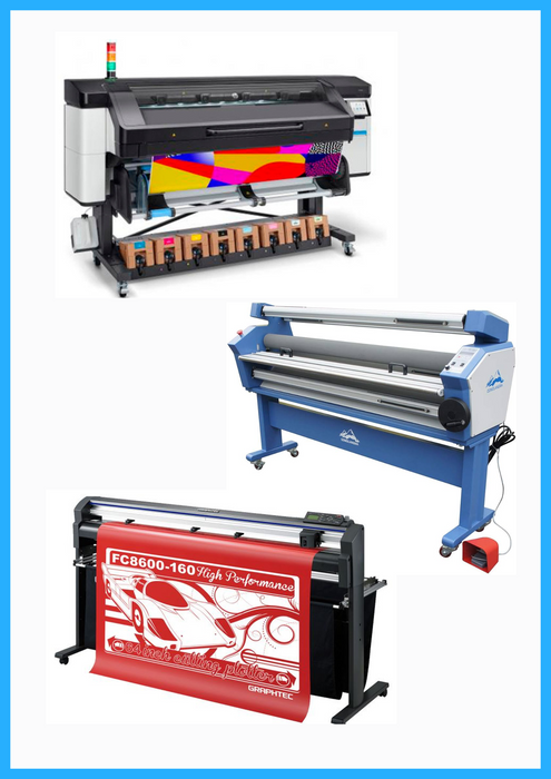 COMPLETE SOLUTION - HP Latex 800 64" Wide Format Printer + 64" Graphtec FC8600-160 Vinyl Cutting Plotter - Refurbished (1 Year Warranty) + 63" Full-auto Low Temp. Wide Format Cold Laminator