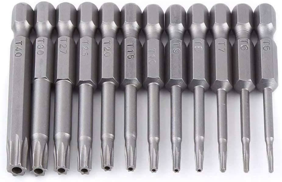 Torx Screwdriver Set - Hex Driver With 12 Torxs Bits Star Bit For Drill Impact Torques Head Sets Screw Tip T5, T6, T7, T8, T9, T10, T15, T20, T25, T27, T30, T40 Series