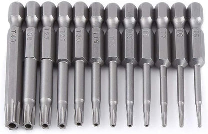 Torx Screwdriver Set - Hex Driver With 12 Torxs Bits Star Bit For Drill Impact Torques Head Sets Screw Tip T5, T6, T7, T8, T9, T10, T15, T20, T25, T27, T30, T40 Series