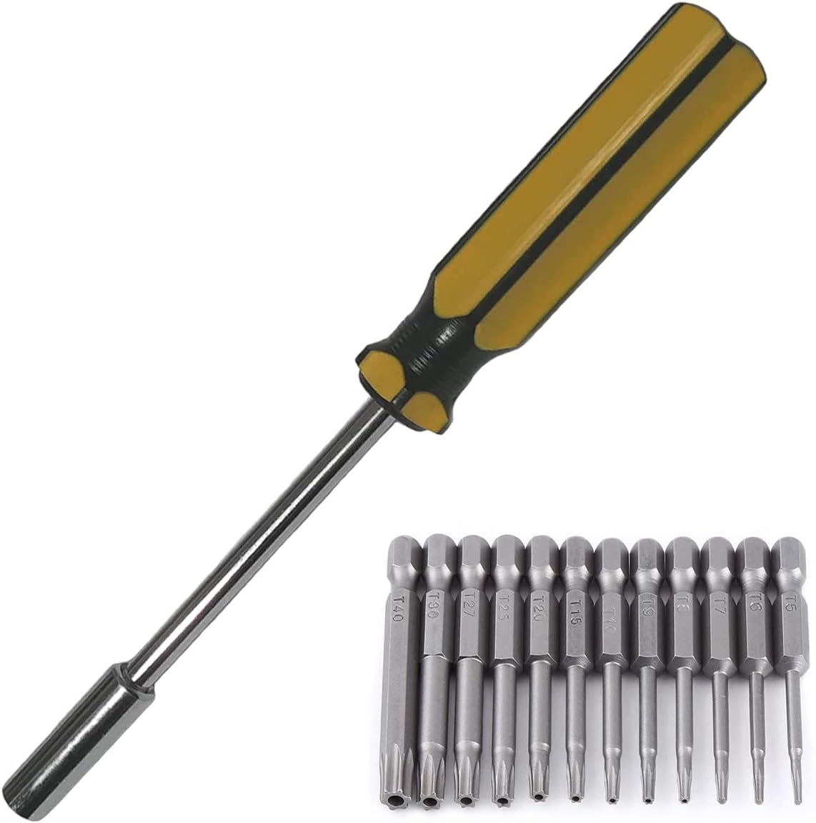 Torx Screwdriver Set - Hex Driver With 12 Torxs Bits Star Bit For Drill Impact Torques Head Sets Screw Tip T5, T6, T7, T8, T9, T10, T15, T20, T25, T27, T30, T40 Series