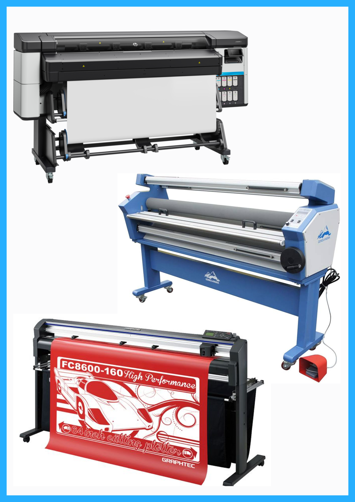 ON SALE - COMPLETE SOLUTION - HP Latex 630 64" Printer - New + 64" Graphtec FC8600-160 High Performance Vinyl Cutting Plotter - Refurbished (1 Year Warranty) + 55" Full-Auto Wide Format Cold Laminator with Heat Assisted - New
