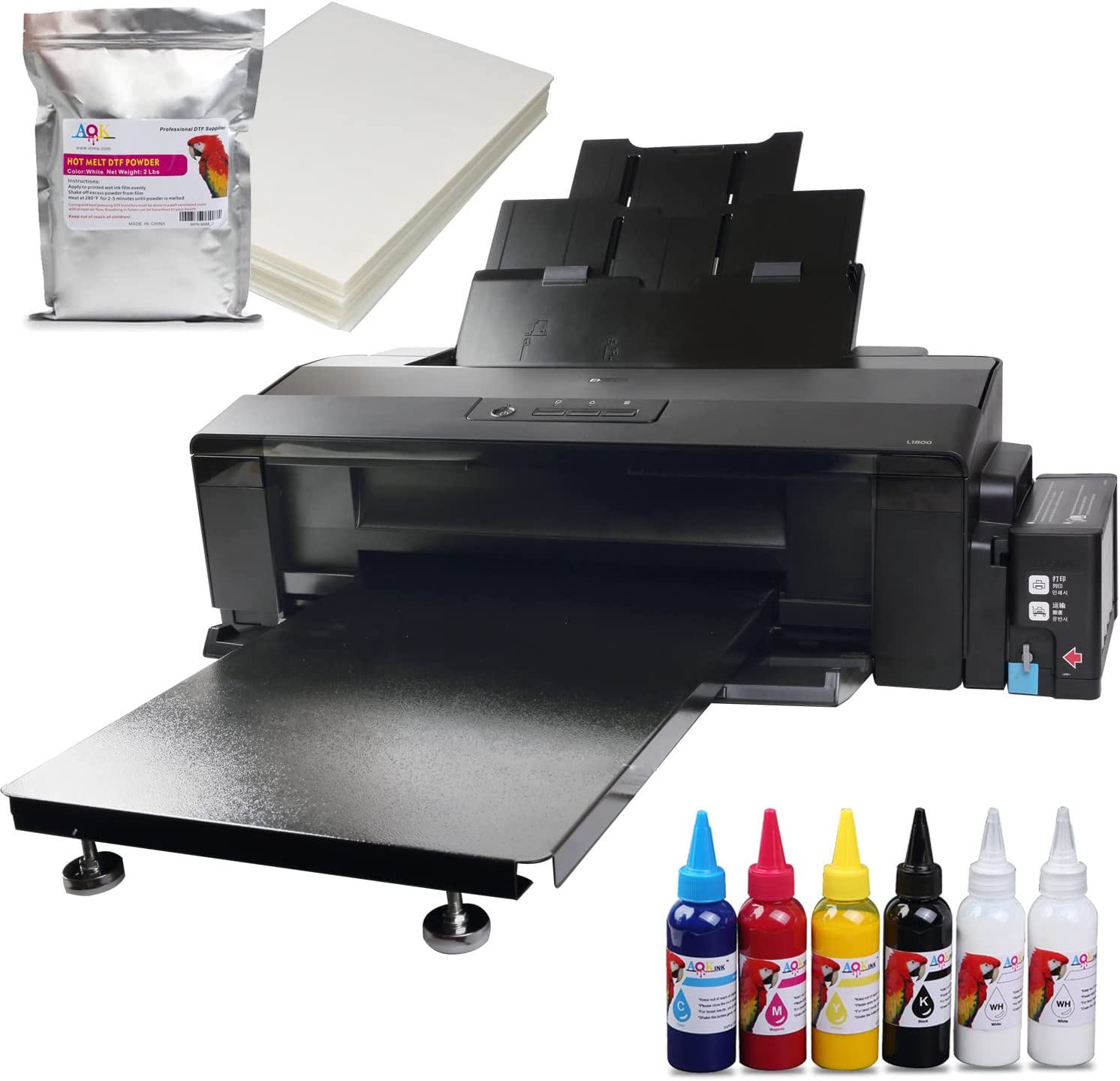 A3+ Printer Width 13inch DTF Printer Machine Direct Transfer Film L1800 Converted for DIY Print T-Shirts/Hoodie/BGS/Pillow etc. （6X 100ml Ink+100pcs PET Film+Powder