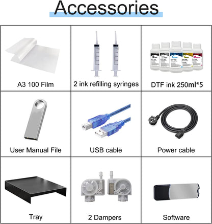 A3 DTF Printer, L1800 T-Shirt Transfer Printer with White Ink Circulatory for DIY Direct Print T-Shirts, Hoodie, Fabrics (DTF Printer + Oven+250ml*5)