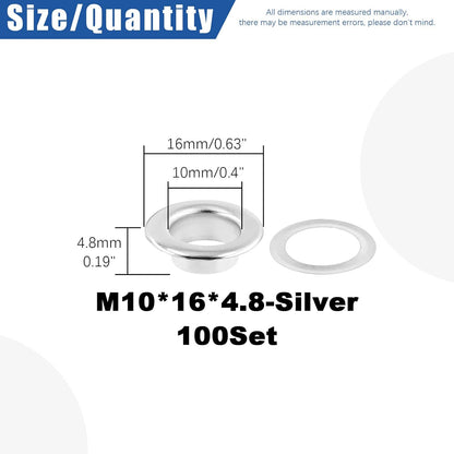 Silver Metal Thickened Grommet Single Eyelet (10mm - 100Pcs) with Washers Kit for Fabric, Canvas, Curtain, Clothing, Leather Repair