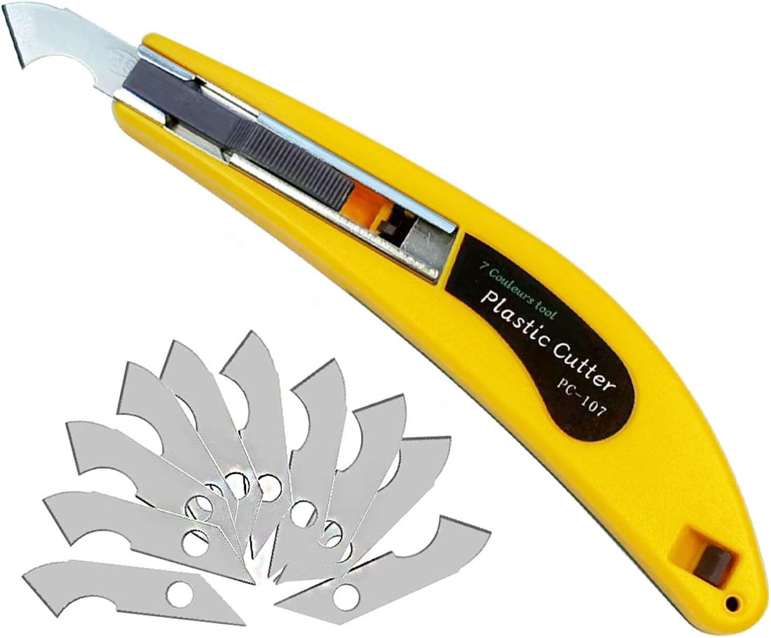 Professional Acrylic Plexiglass Sheet Cutter Scoring Knife Tool,With a Curved Handle, One handle, 11 blades - Yellow