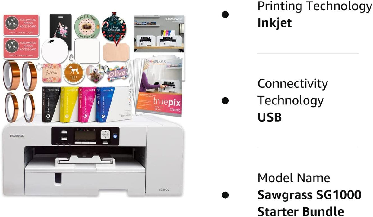 Sawgrass UHD Virtuoso SG1000 Sublimation Printer Starter Bundle with Inks, Sublimation Paper, Tape, Blanks, Designs and Access to Exclusive Content, White, 11'' x 17''