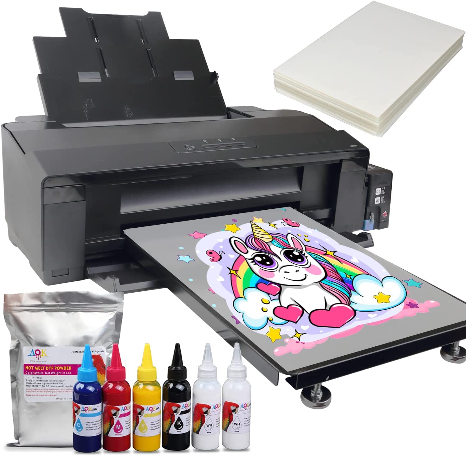 A3+ Printer Width 13inch DTF Printer Machine Direct Transfer Film L1800 Converted for DIY Print T-Shirts/Hoodie/BGS/Pillow etc. （6X 100ml Ink+100pcs PET Film+Powder