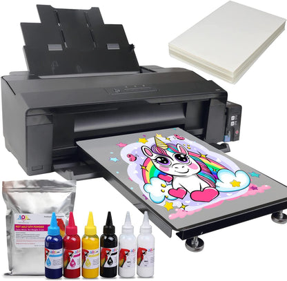 A3+ Printer Width 13inch DTF Printer Machine Direct Transfer Film L1800 Converted for DIY Print T-Shirts/Hoodie/BGS/Pillow etc. （6X 100ml Ink+100pcs PET Film+Powder