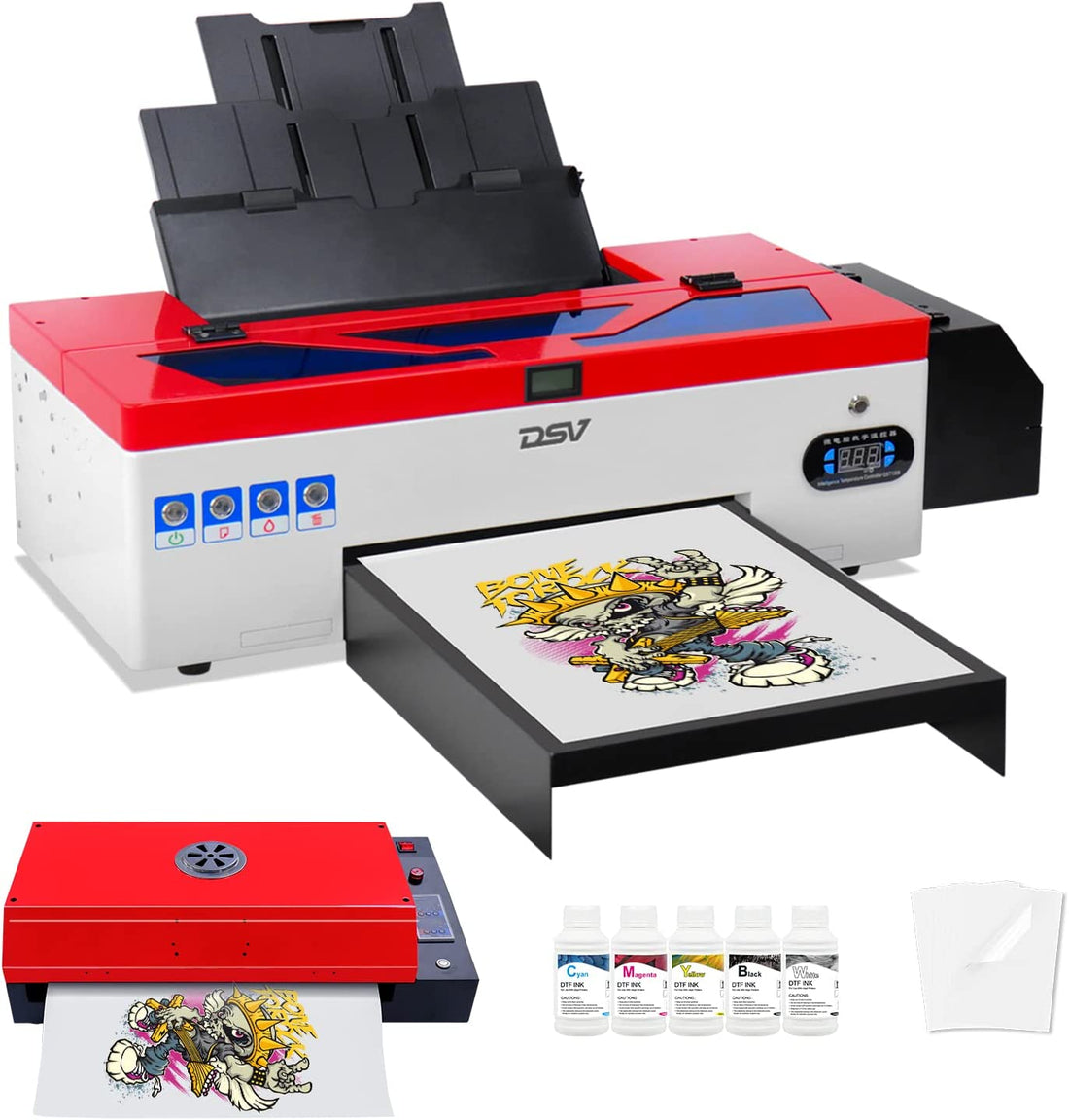 DSV DTF Printer A3 L1800 Transfer Printer Machine Built-in White Ink Circulation System for Dark/Light T-Shirts, Hoodie,Pillow,Different Fabrics (DTF Printer +Oven+5 x 250ml Ink+100pcs PET Film)