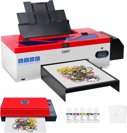 DSV DTF Printer A3 L1800 Transfer Printer Machine Built-in White Ink Circulation System for Dark/Light T-Shirts, Hoodie,Pillow,Different Fabrics (DTF Printer +Oven+5 x 250ml Ink+100pcs PET Film)