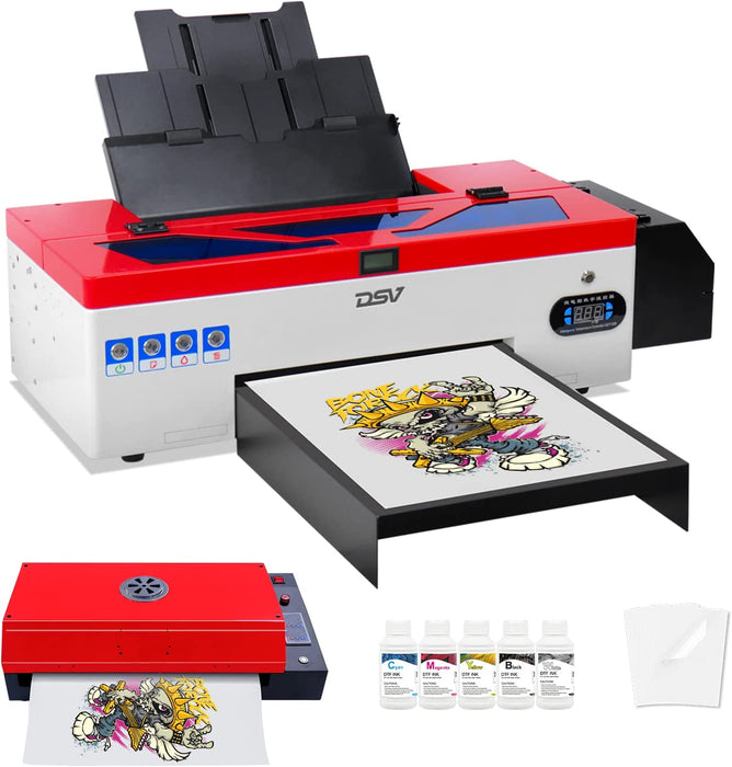  DSV DTF Printer A3 L1800 Transfer Machine Built-in White Ink  Circulation System for Dark/Light T-Shirts, Hoodie,Pillow,Different Fabrics  (DTF +Oven+5 x 250ml Ink+100 Sheets PET Film) : Office Products