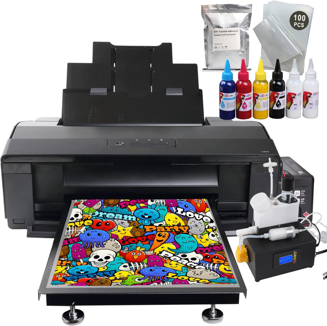A3+ DTF T-Shirts L1800 Printer+Timed White Ink Cycle Machine for Fabrics, Leather, Toys, Swimwear, Handicrafts, Pillow, Other Textile.(DTF Printer + 6X 100ml Ink+100pcs PET Film+1BAG Powder) - Black