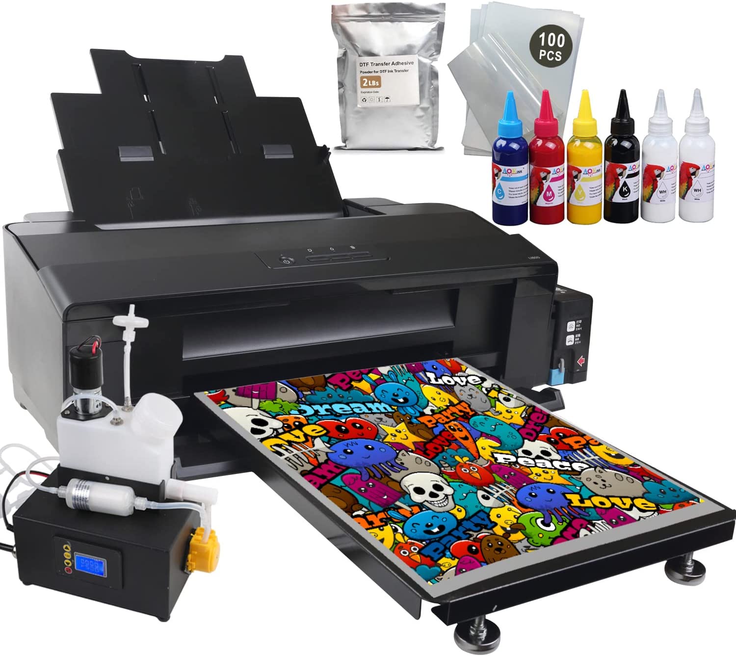A3+ DTF T-Shirts L1800 Printer+Timed White Ink Cycle Machine for Fabrics, Leather, Toys, Swimwear, Handicrafts, Pillow, Other Textile.(DTF Printer + 6X 100ml Ink+100pcs PET Film+1BAG Powder) - Black