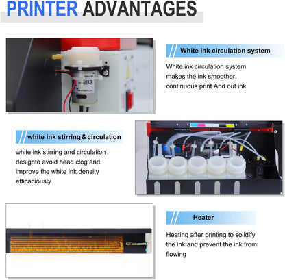 A3 DTF Printer, L1800 T-Shirt Transfer Printer with White Ink Circulatory for DIY Direct Print T-Shirts, Hoodie, Fabrics (DTF Printer + Oven+250ml*5)