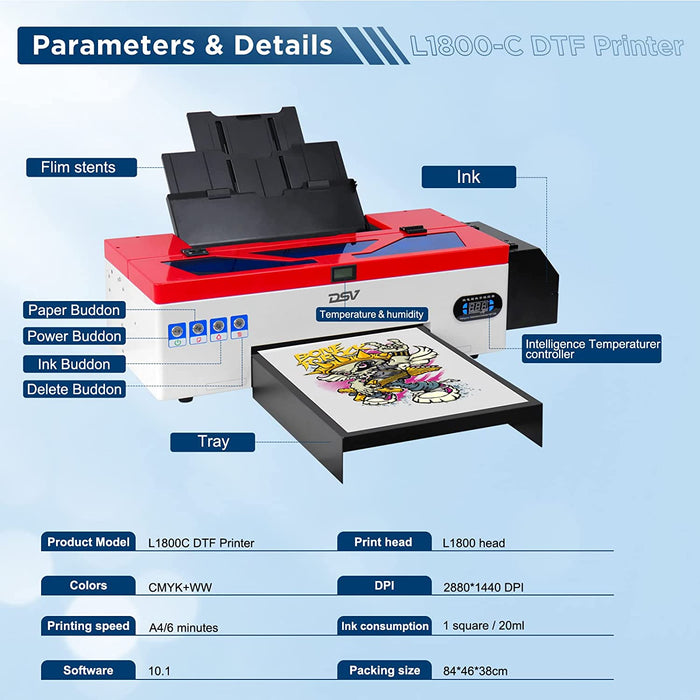  DSV Impresora DTF A3 L1800 Máquina de transferencia Sistema de  circulación de tinta blanca integrado para camisetas oscuras/claras,  sudaderas, almohadas, diferentes telas (DTF +horno+5 x 8.5 fl oz de tinta +