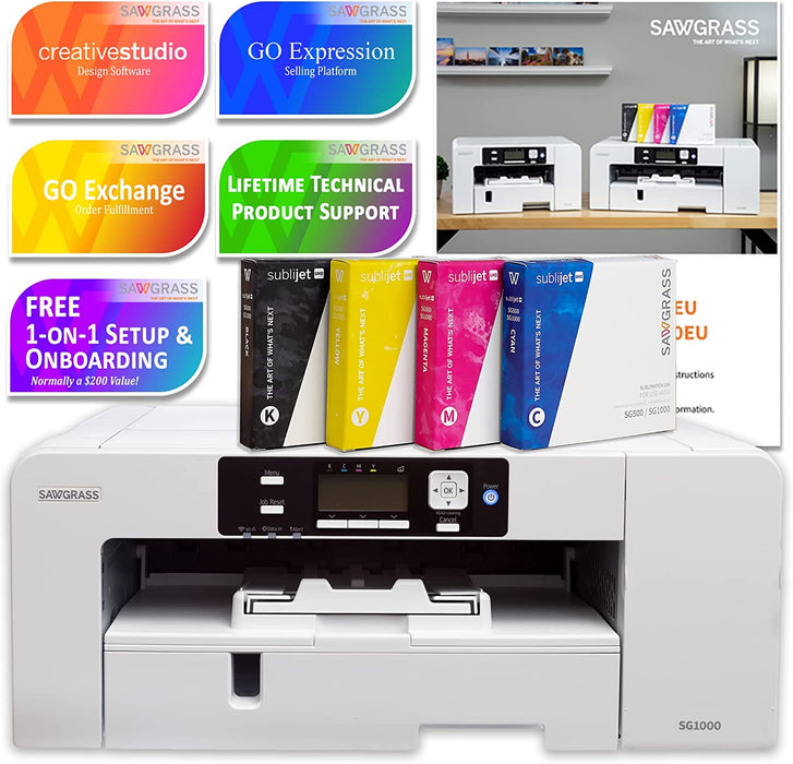 Sawgrass UHD Virtuoso SG1000 Sublimation Printer Starter Bundle with Inks, Sublimation Paper, Tape, Blanks, Designs and Access to Exclusive Content, White, 11'' x 17''