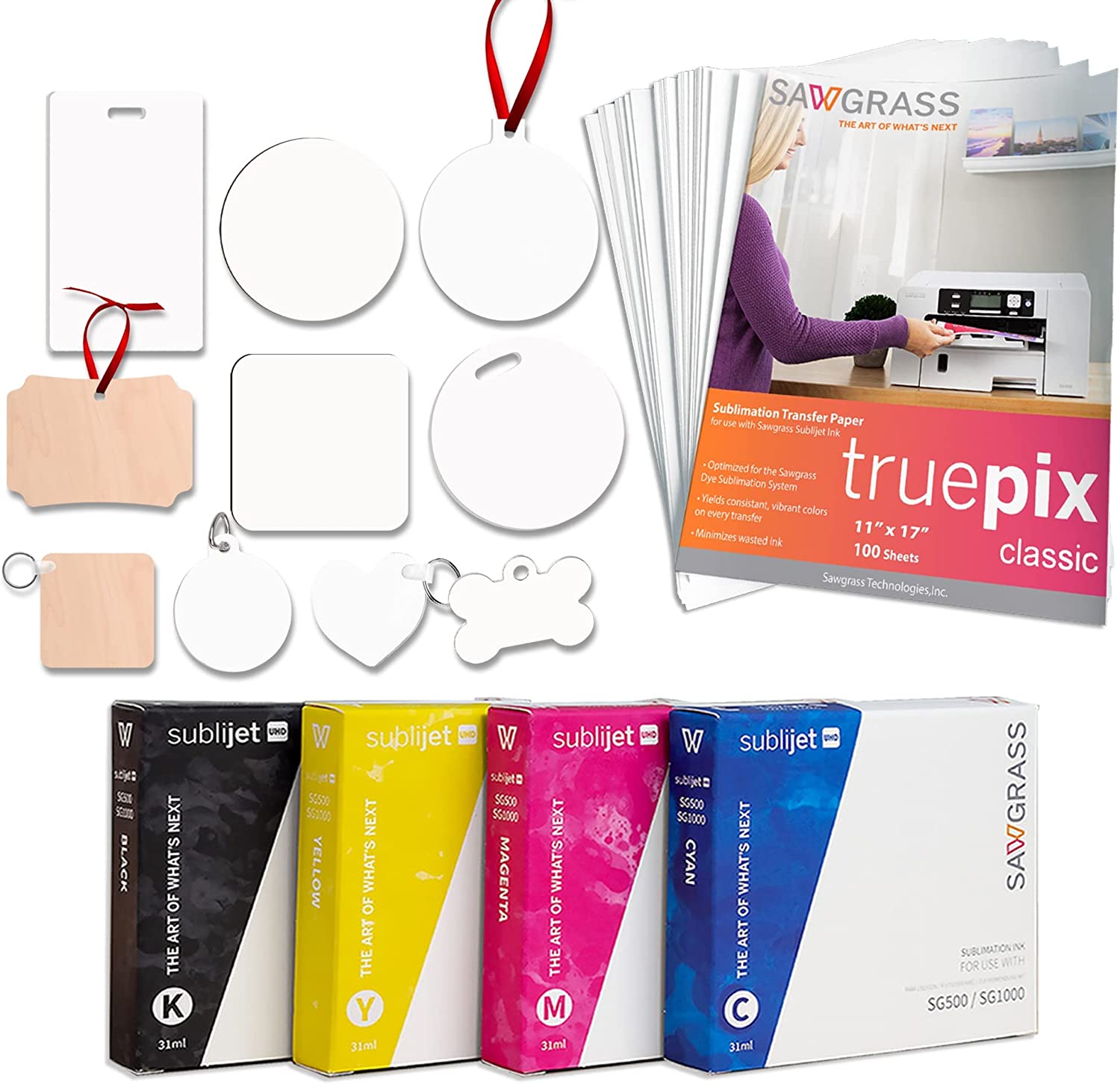 Sawgrass UHD Virtuoso SG1000 Sublimation Printer Starter Bundle with Inks, Sublimation Paper, Tape, Blanks, Designs and Access to Exclusive Content, White, 11&