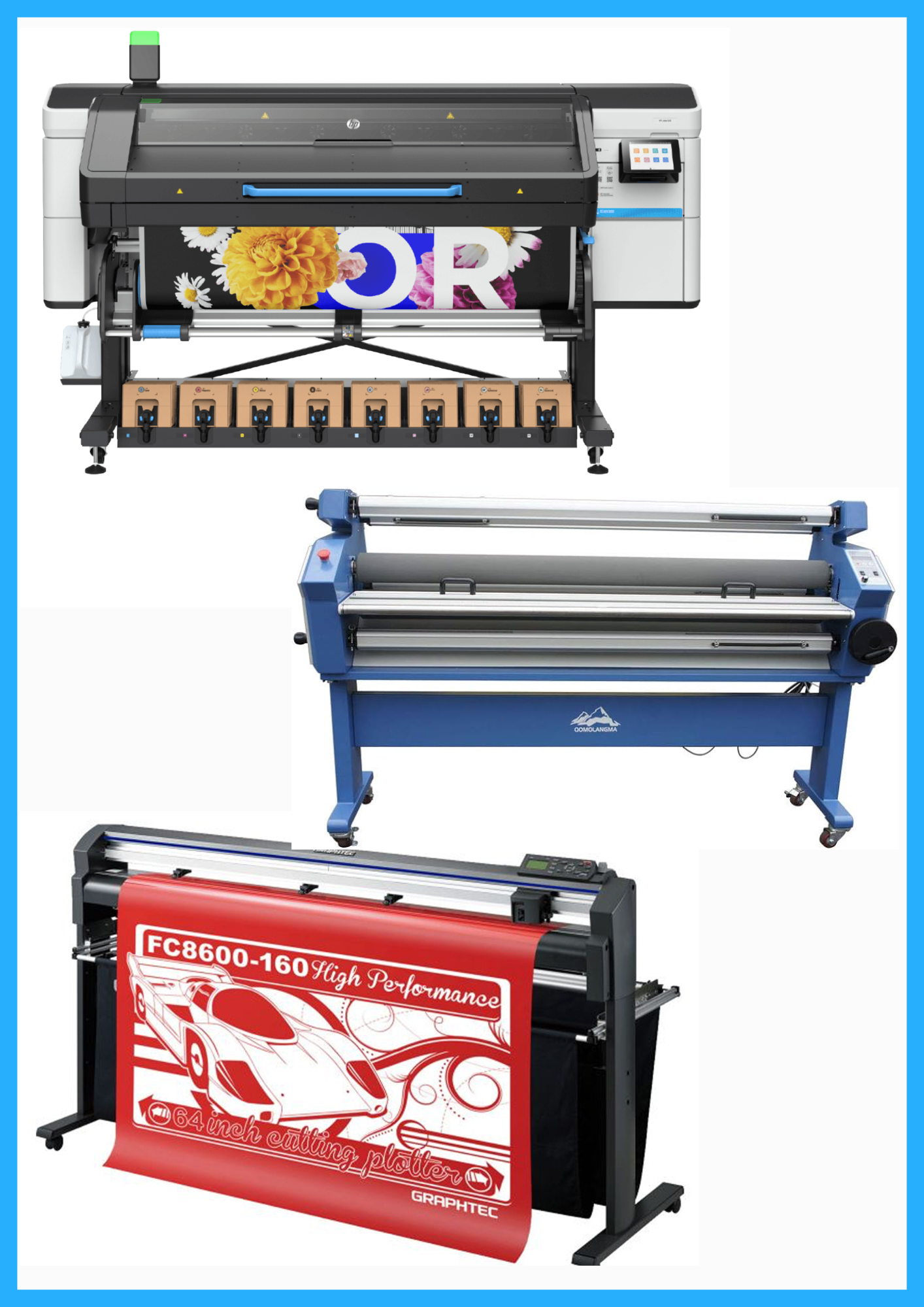 COMPLETE SOLUTION - HP Latex 830 64" Wide Format Printer  - New + 64" Graphtec FC8600-160 Vinyl Cutting Plotter - Refurbished (1 Year Warranty) + 55" Full-Auto Wide Format Cold Laminator with Heat Assisted - New