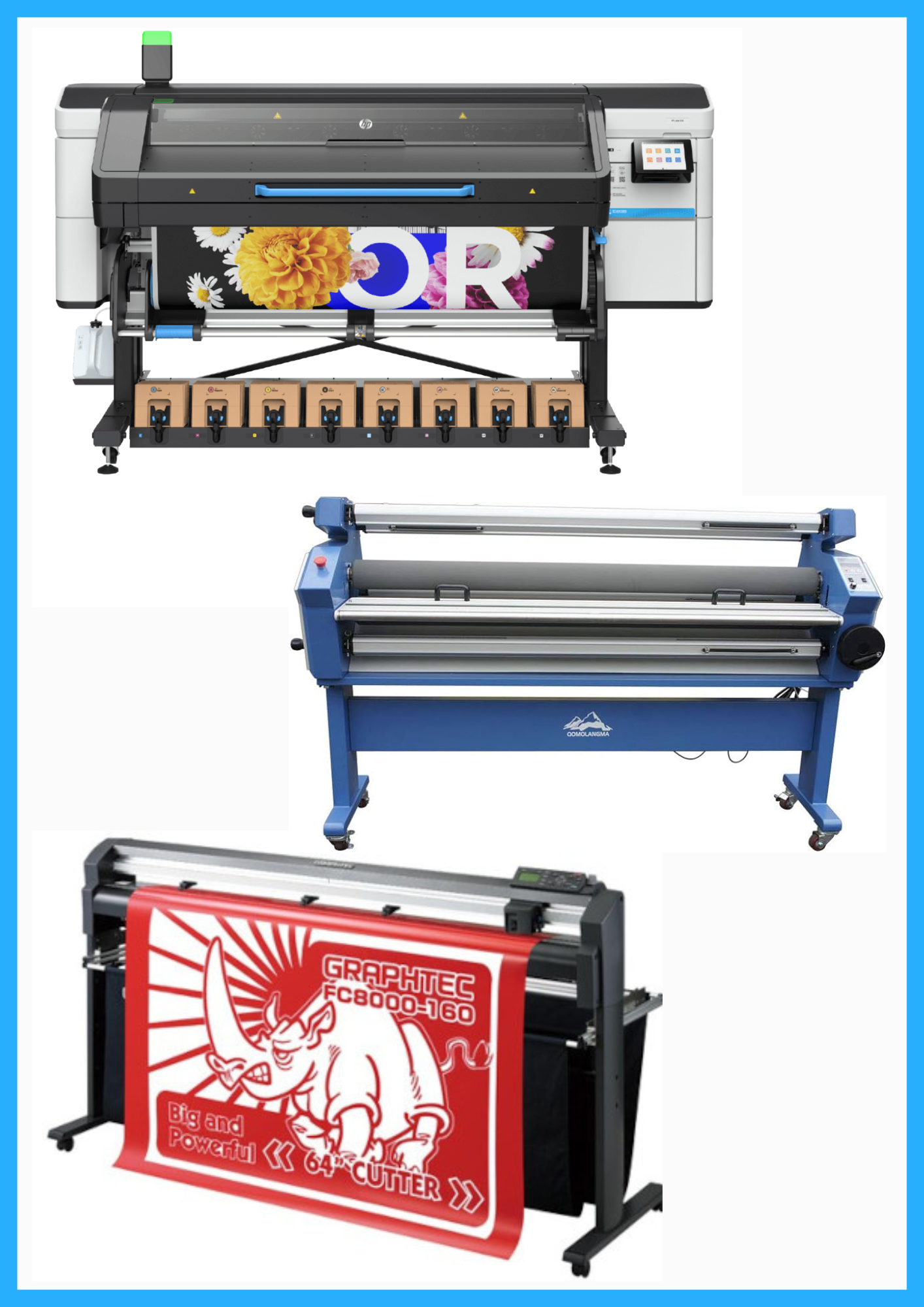 COMPLETE SOLUTION - HP Latex 830 64" Wide Format Printer - New + 64" Graphtec FC8000-160 Vinyl Cutting Plotter - Refurbished (1 Year Warranty) + 55" Full-Auto Wide Format Cold Laminator with Heat Assisted - New