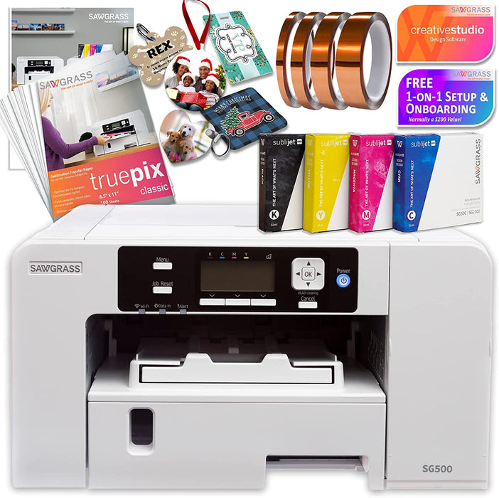 Sawgrass UHD Virtuoso SG500 Sublimation Color Printer Starter Bundle with Paper, Inks, Tape, Blanks, Designs