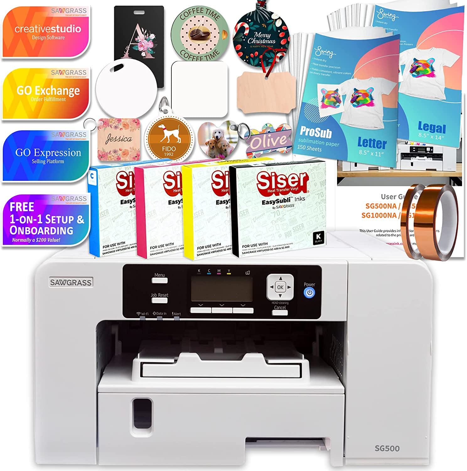 Sawgrass UHD SG500 Sublimation Printer Starter Bundle with Easysubli Ink Set, 300 Sheets of Sublimation Paper, Tape, &amp; Blanks, White, (SG500-PRNT-BUNDLE-5)