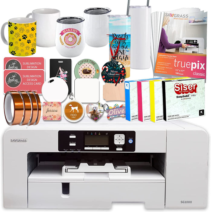 Sawgrass UHD Virtuoso SG1000 Sublimation Printer Starter Bundle with Easysubli Inks, Sublimation Paper, Tape, Blanks Assortment, Designs and Access to Exclusive Content