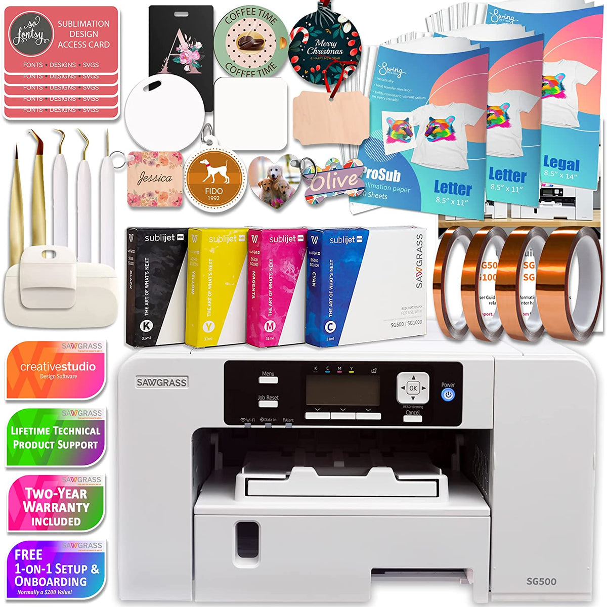 Sawgrass UHD Virtuoso SG500 Sublimation Printer Bundle with Inks, 450  Sheets of Sublimation Paper, Tape, Tools, Blanks, Mega Design Pack