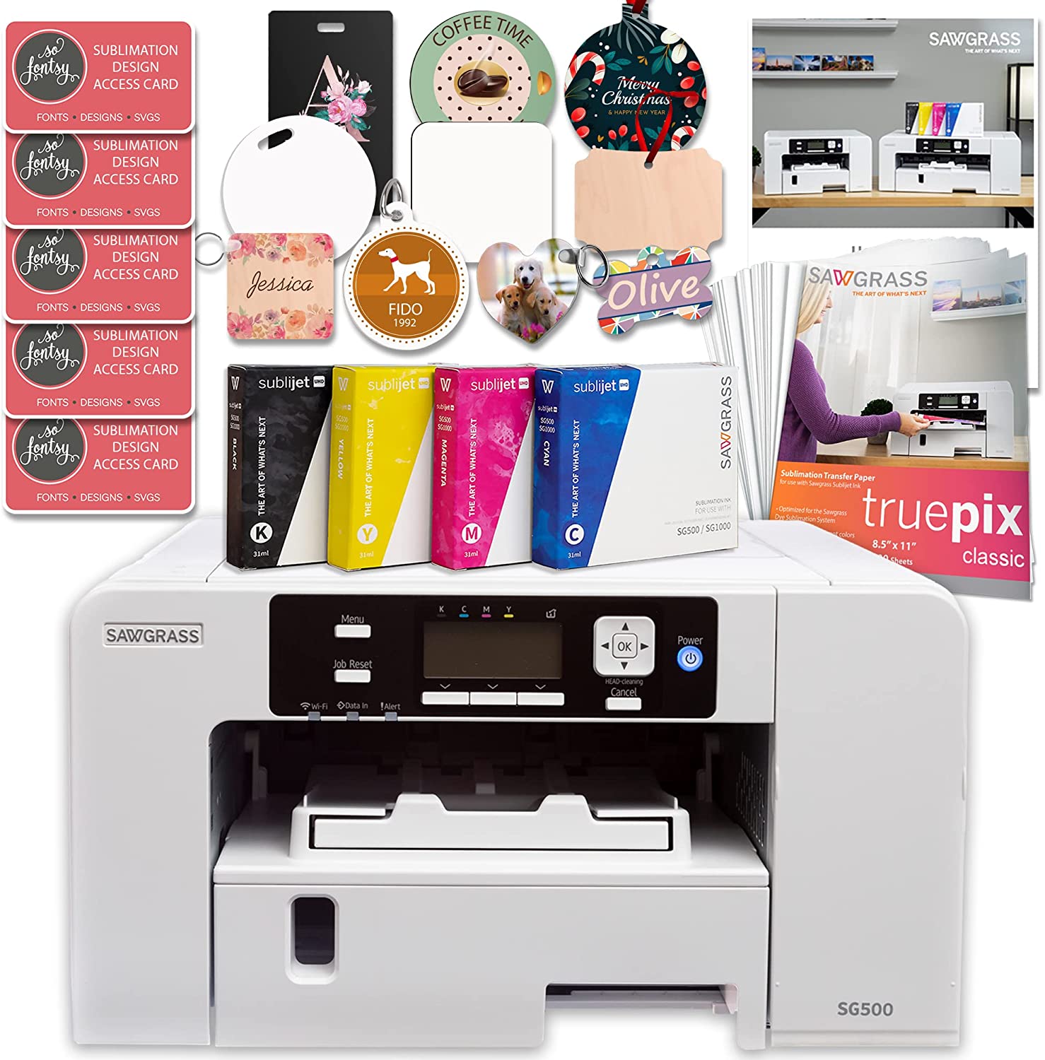 Sawgrass UHD Virtuoso SG500 Sublimation Color Printer Starter Bundle with Inks, Sublimation Paper, Blanks