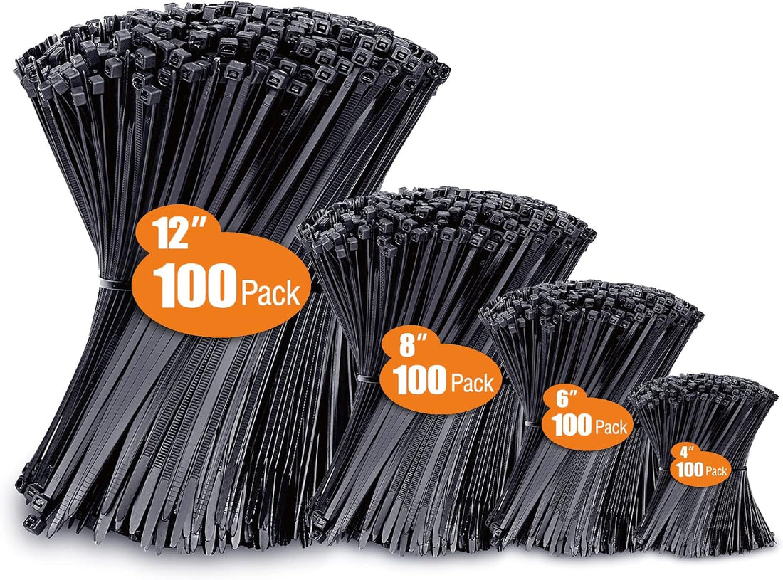 Zip Ties Assorted Sizes (4”+6”+8”+12”), 400 Pack, Black Cable Ties, UV Resistant Wire Ties