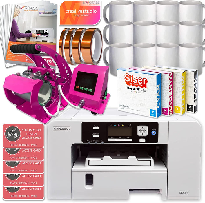 Sawgrass UHD Virtuoso SG500 Sublimation Printer Starter Bundle with Easysubli Inks, Pink Mug Heat Pres, Sublimation Paper, Tape, Blanks, Designs and Exclusive Content